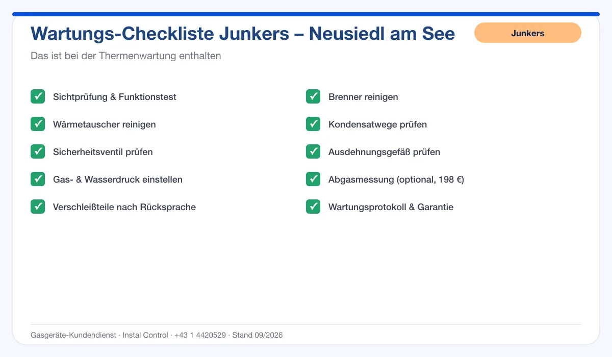 Infografik Junkers Thermenwartung Neusiedl am See: Wartungs-Checkliste mit 10 enthaltenen Leistungen