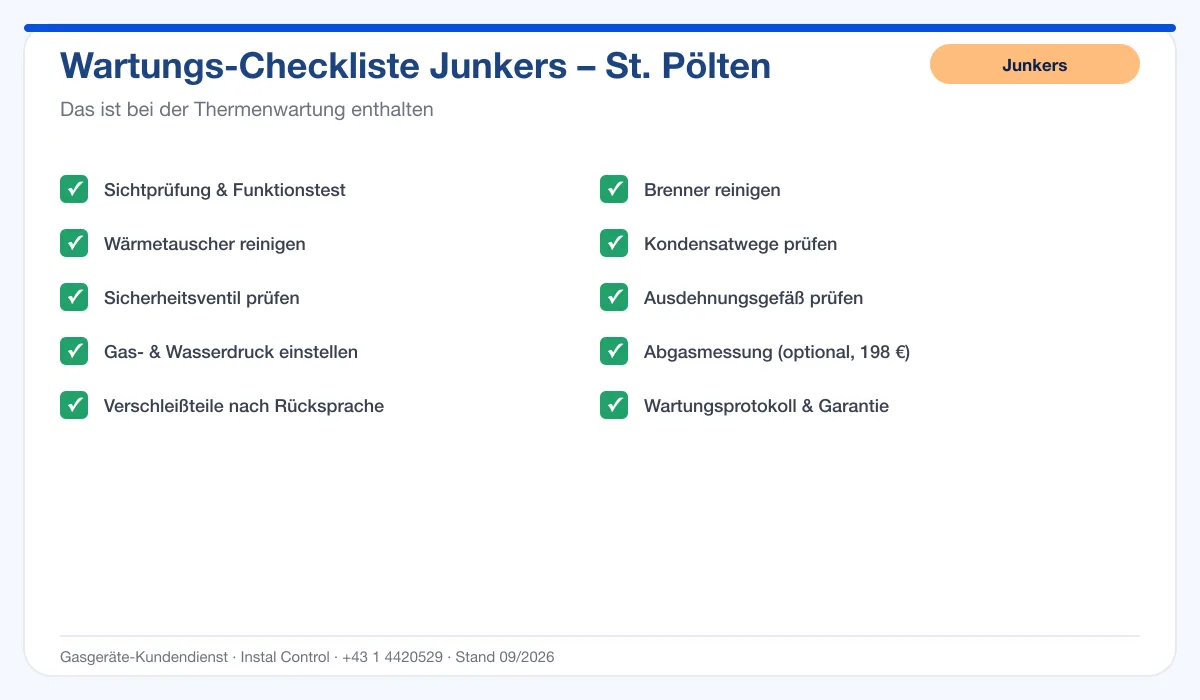Infografik Junkers Thermenwartung St. Pölten: Wartungs-Checkliste mit 10 enthaltenen Leistungen