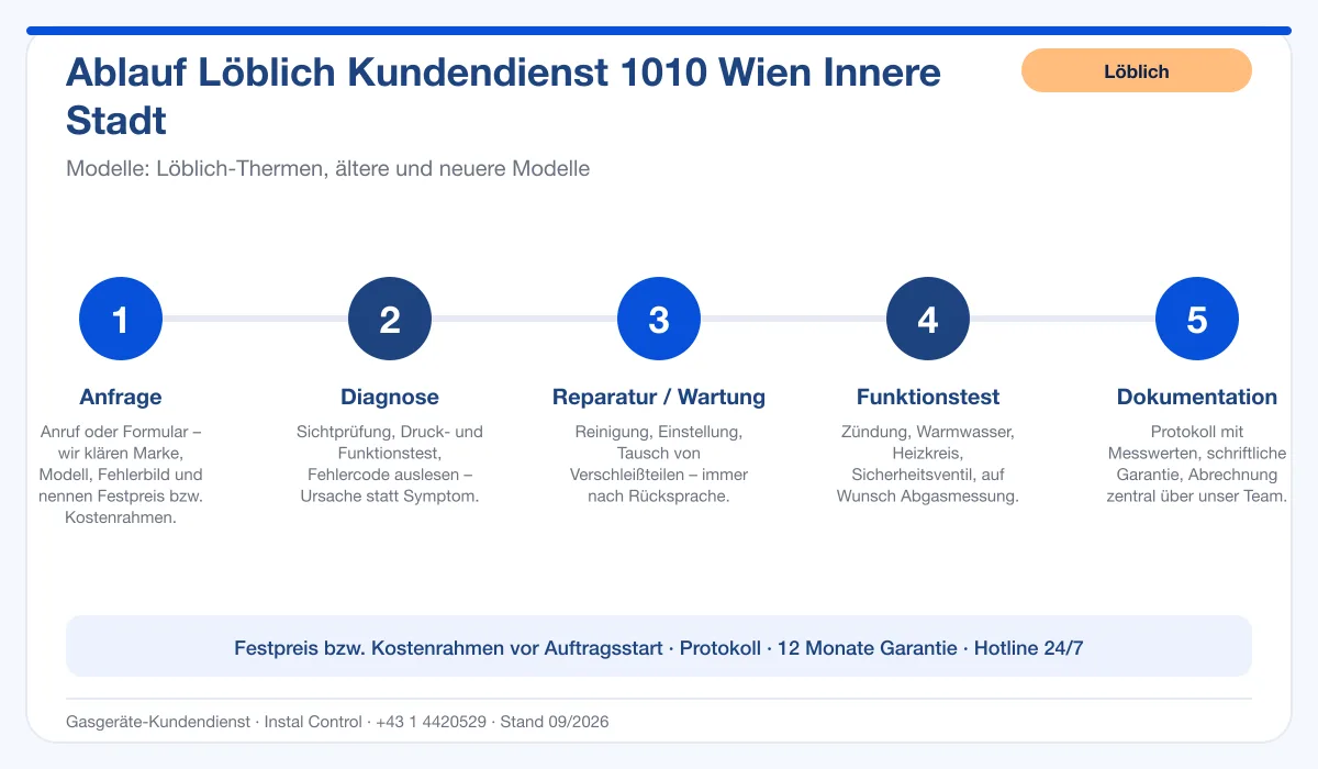 Infografik Ablauf Löblich Kundendienst 1010 Wien Innere Stadt: Anfrage, Diagnose, Service, Funktionstest, Protokoll