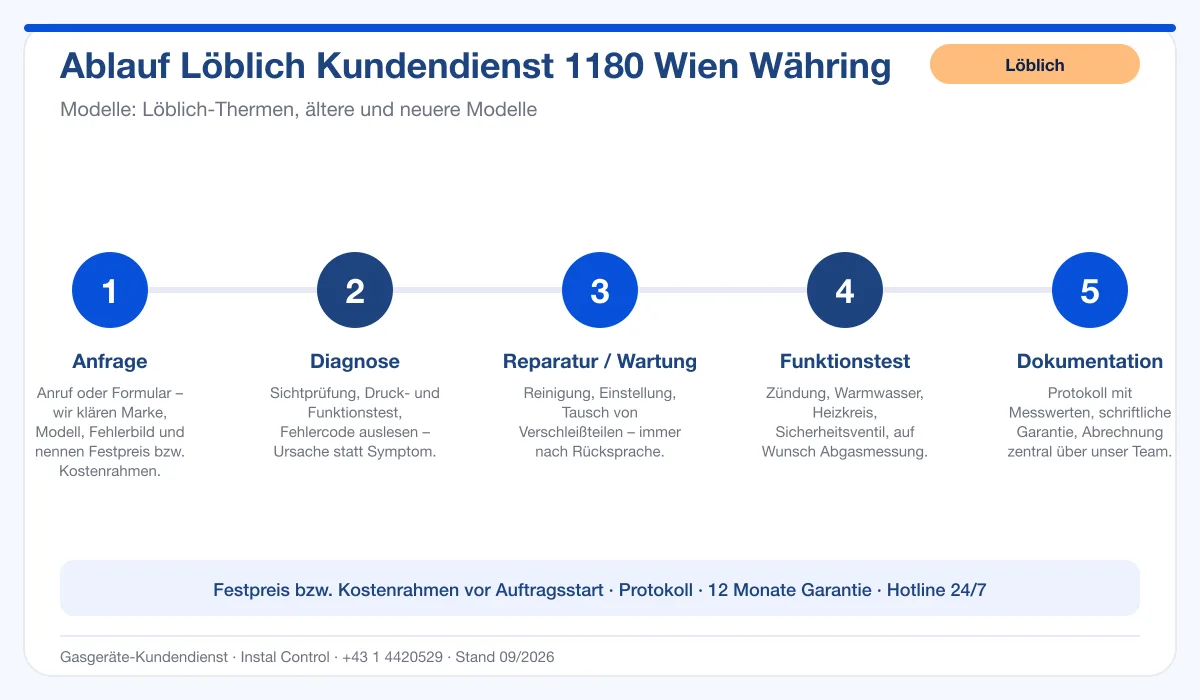 Infografik Ablauf Löblich Kundendienst 1180 Wien Währing: Anfrage, Diagnose, Service, Funktionstest, Protokoll