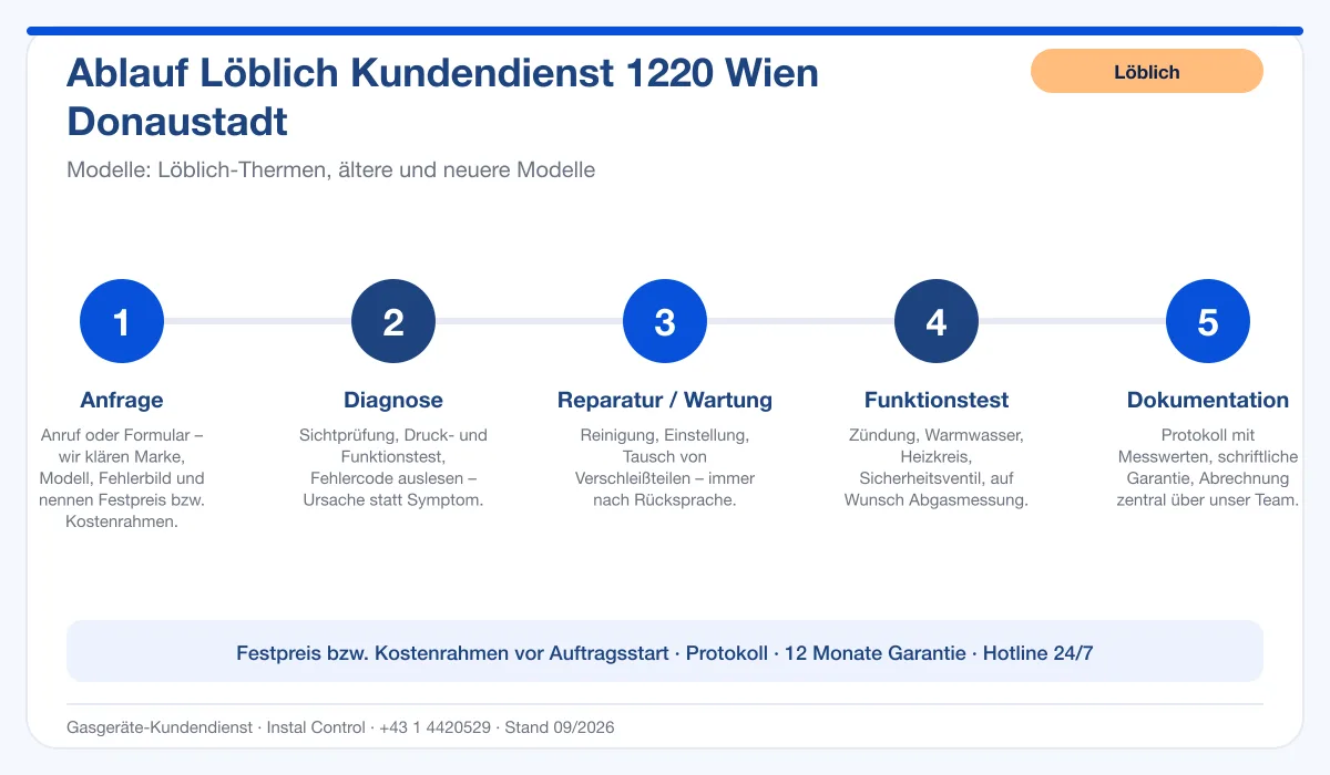 Infografik Ablauf Löblich Kundendienst 1220 Wien Donaustadt: Anfrage, Diagnose, Service, Funktionstest, Protokoll