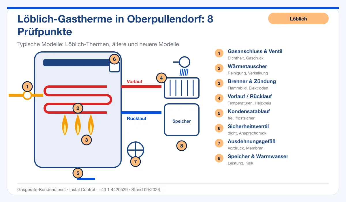 Infografik Löblich Kundendienst Oberpullendorf: Aufbau einer Löblich-Gastherme mit 8 Prüfpunkten