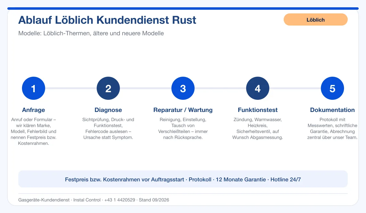 Infografik Ablauf Löblich Kundendienst Rust: Anfrage, Diagnose, Service, Funktionstest, Protokoll