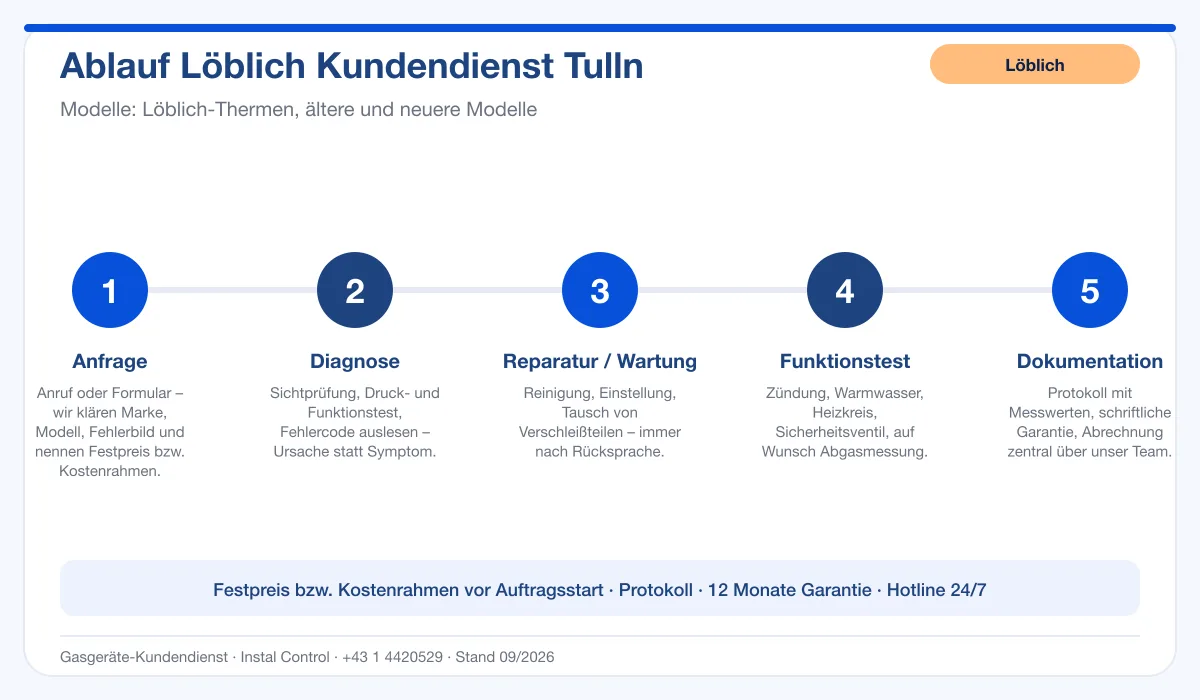 Infografik Ablauf Löblich Kundendienst Tulln: Anfrage, Diagnose, Service, Funktionstest, Protokoll