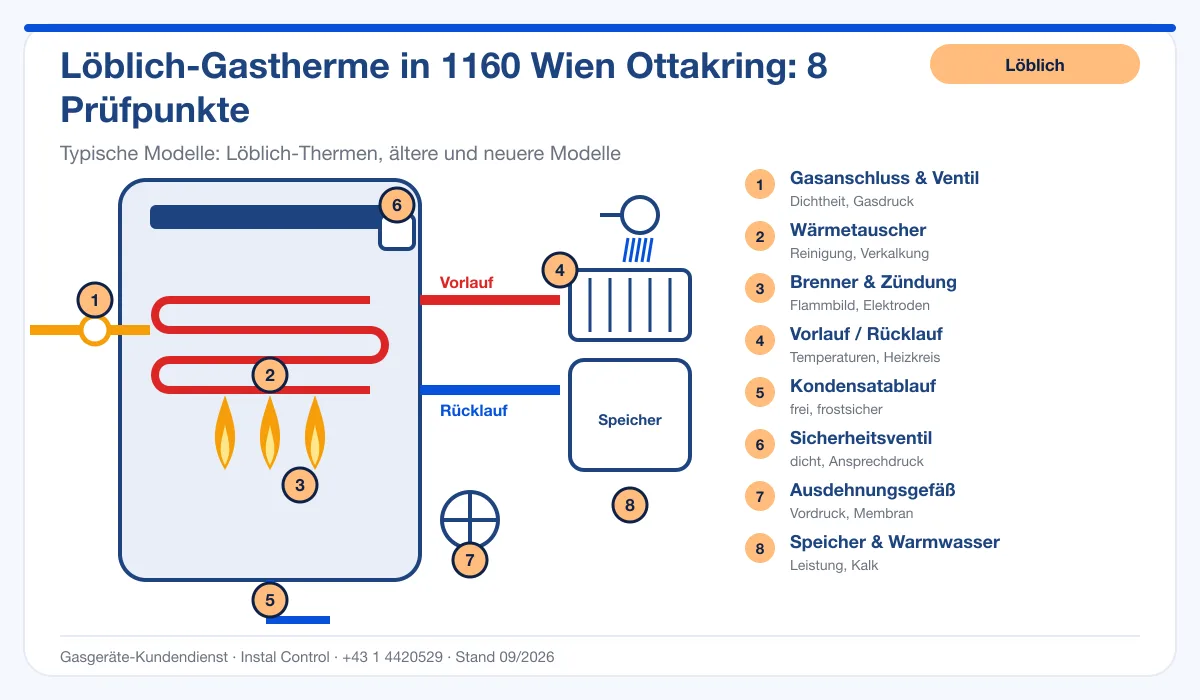 Infografik Löblich Thermenreparatur 1160 Wien Ottakring: Aufbau einer Löblich-Gastherme mit 8 Prüfpunkten