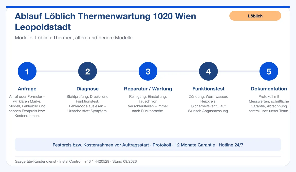 Infografik Ablauf Löblich Thermenwartung 1020 Wien Leopoldstadt: Anfrage, Diagnose, Service, Funktionstest, Protokoll