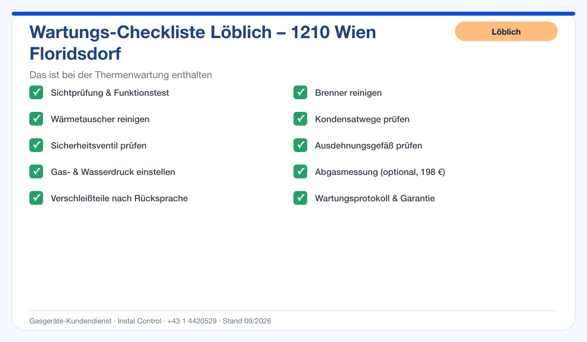 Infografik Löblich Thermenwartung 1210 Wien Floridsdorf: Wartungs-Checkliste mit 10 enthaltenen Leistungen