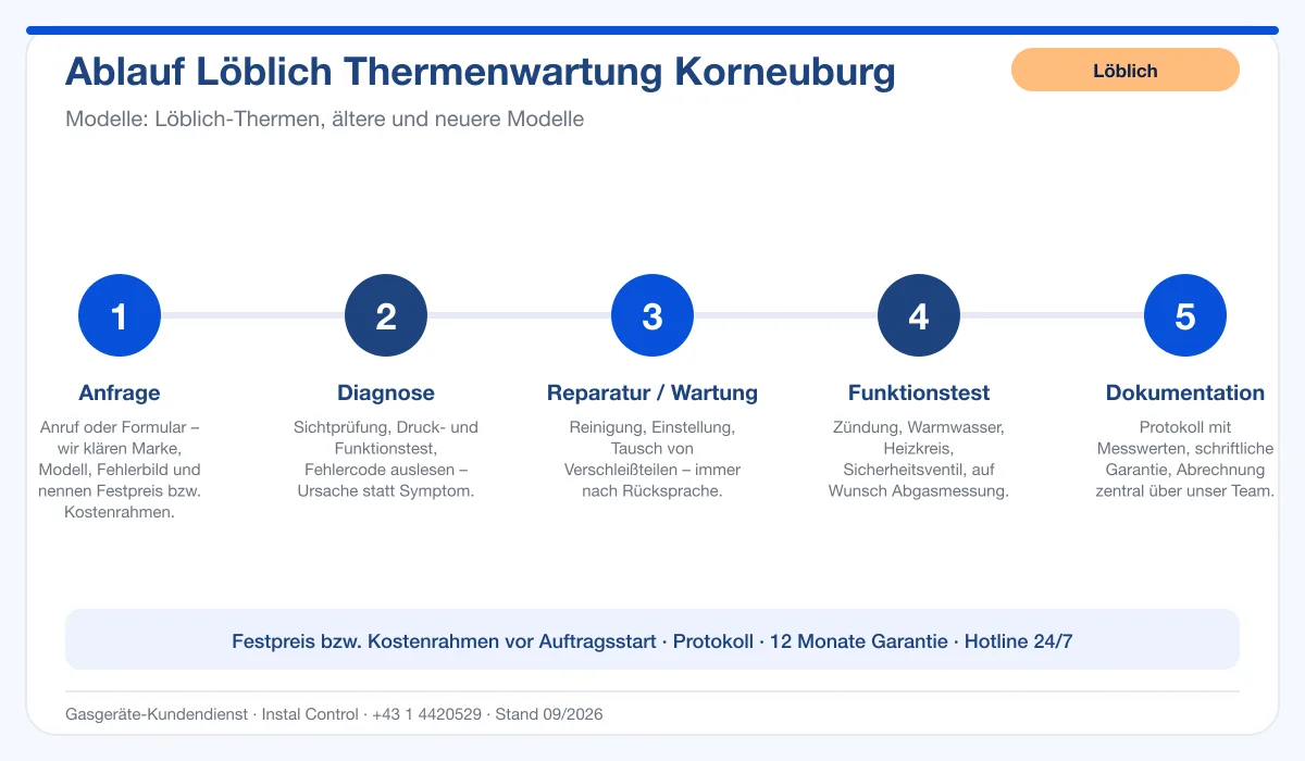 Infografik Ablauf Löblich Thermenwartung Korneuburg: Anfrage, Diagnose, Service, Funktionstest, Protokoll