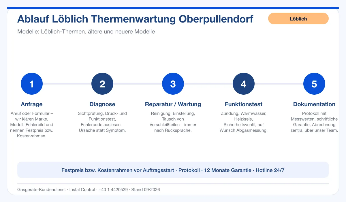 Infografik Ablauf Löblich Thermenwartung Oberpullendorf: Anfrage, Diagnose, Service, Funktionstest, Protokoll