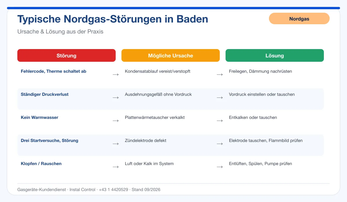 Infografik Nordgas Thermenreparatur Baden: typische Störungen, Ursachen und Lösungen