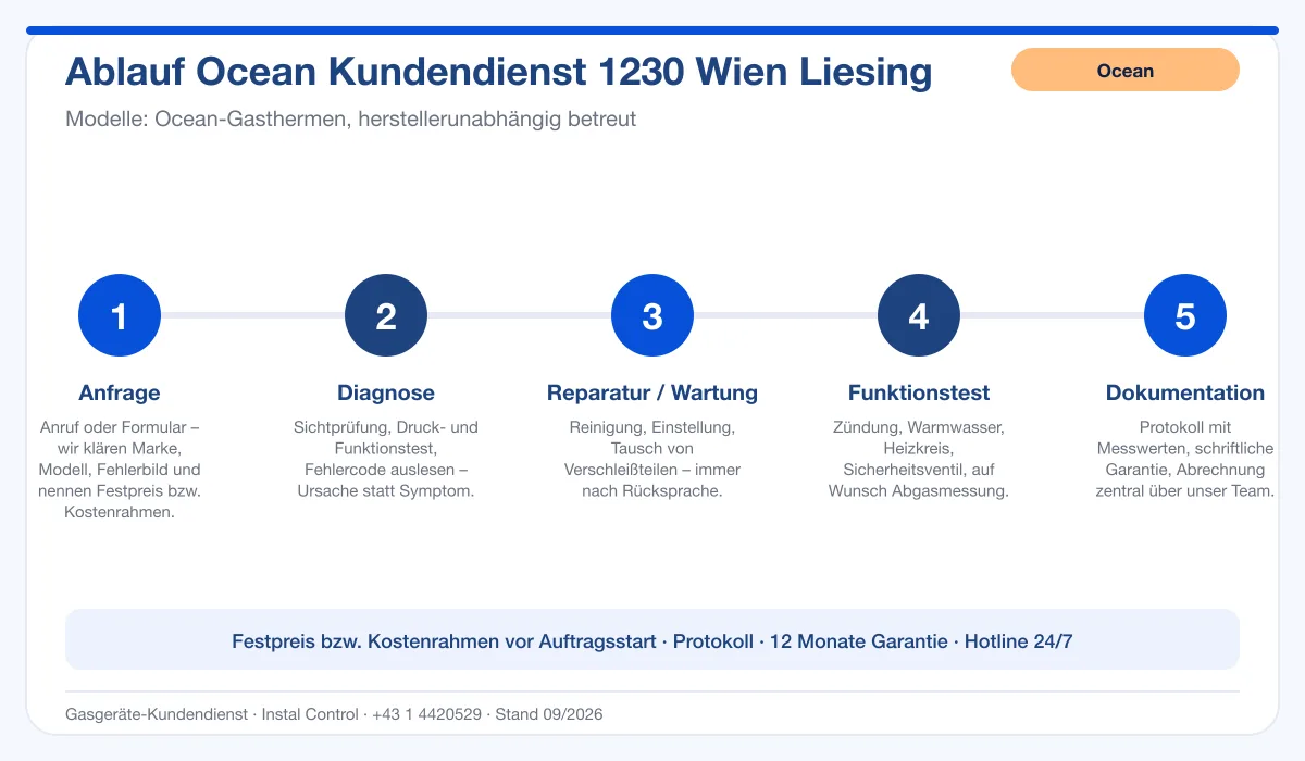 Infografik Ablauf Ocean Kundendienst 1230 Wien Liesing: Anfrage, Diagnose, Service, Funktionstest, Protokoll