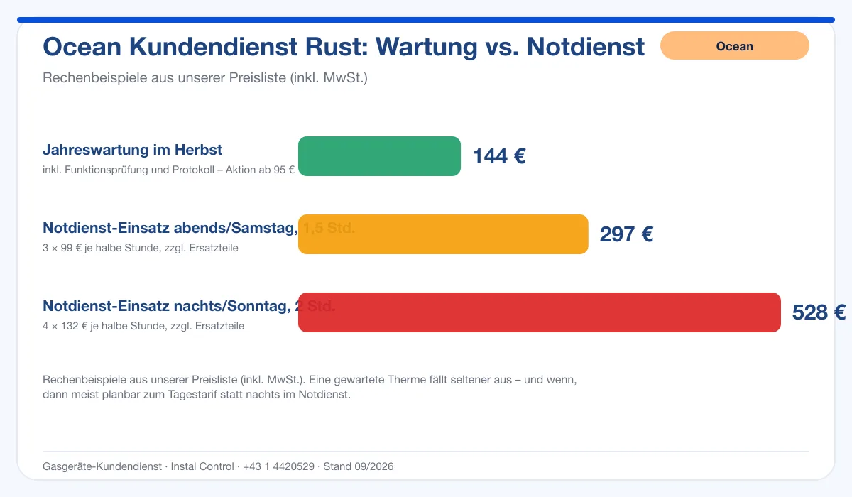 Infografik Ocean Kundendienst Rust: Wartung 144 € vs. Notdienst-Einsatz