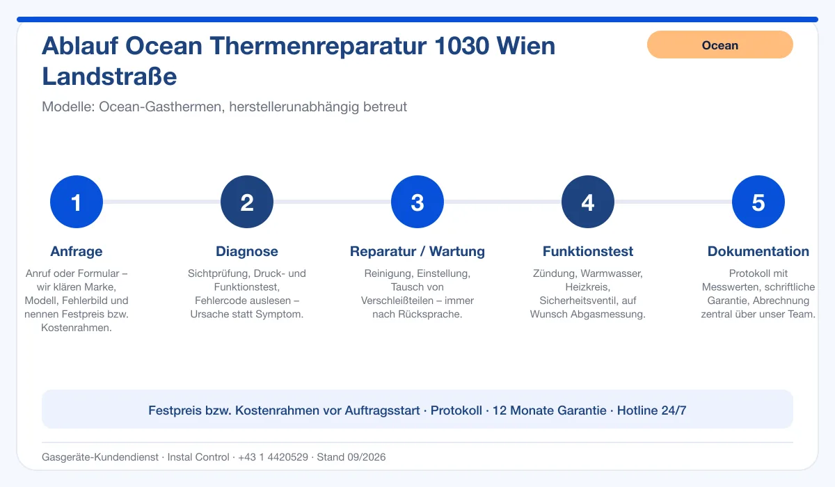 Infografik Ablauf Ocean Thermenreparatur 1030 Wien Landstraße: Anfrage, Diagnose, Service, Funktionstest, Protokoll