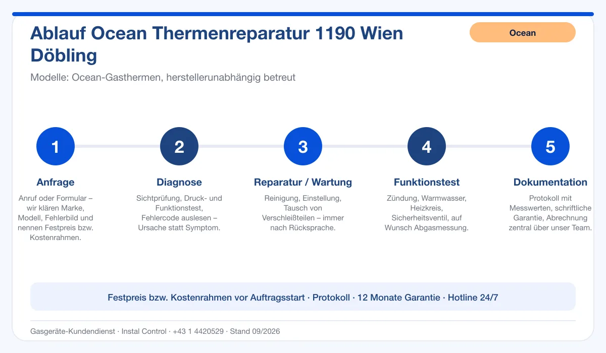 Infografik Ablauf Ocean Thermenreparatur 1190 Wien Döbling: Anfrage, Diagnose, Service, Funktionstest, Protokoll
