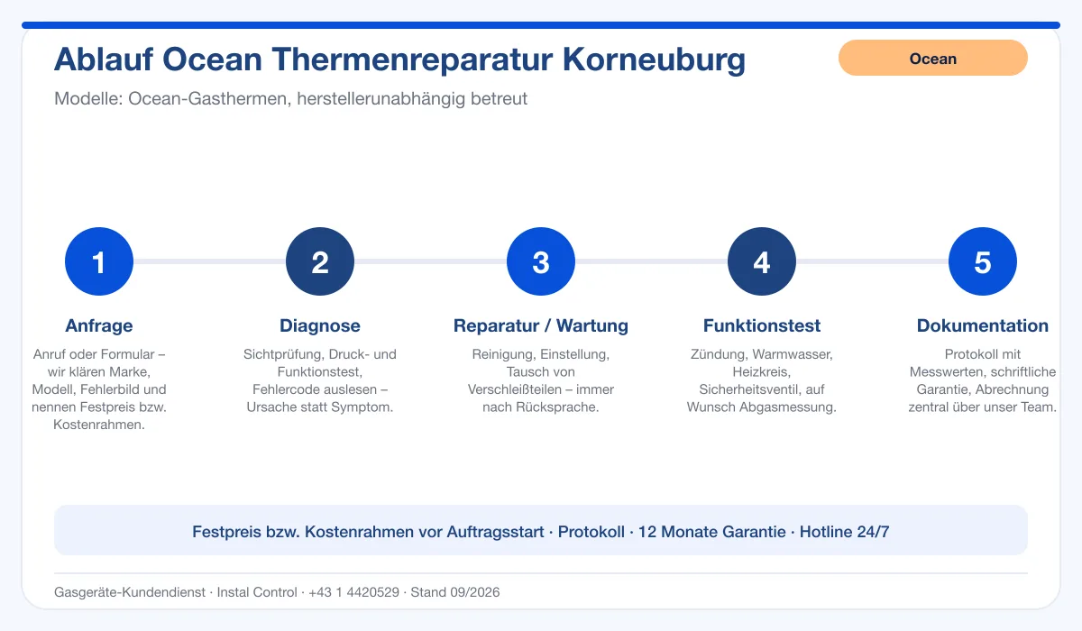 Infografik Ablauf Ocean Thermenreparatur Korneuburg: Anfrage, Diagnose, Service, Funktionstest, Protokoll
