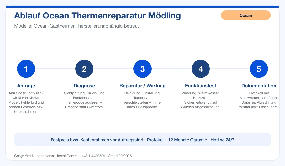 Infografik Ablauf Ocean Thermenreparatur Mödling: Anfrage, Diagnose, Service, Funktionstest, Protokoll