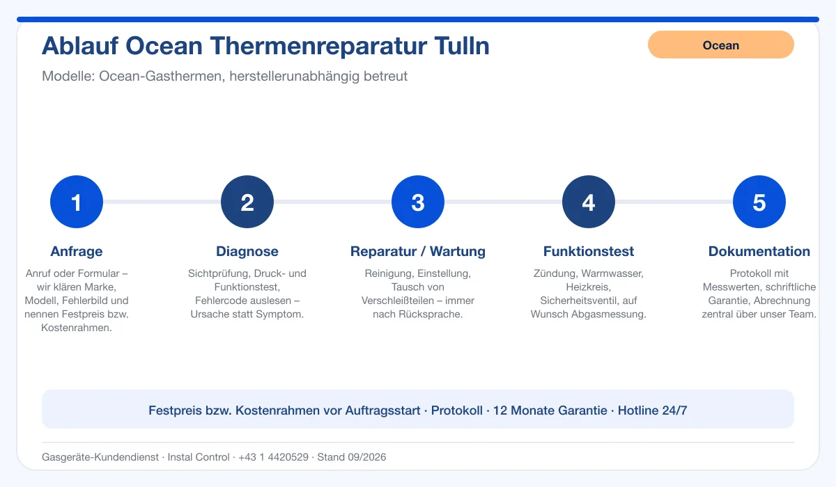 Infografik Ablauf Ocean Thermenreparatur Tulln: Anfrage, Diagnose, Service, Funktionstest, Protokoll
