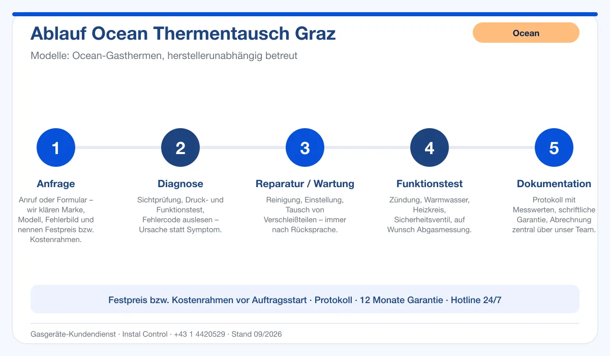 Infografik Ablauf Ocean Thermentausch Graz: Anfrage, Diagnose, Service, Funktionstest, Protokoll