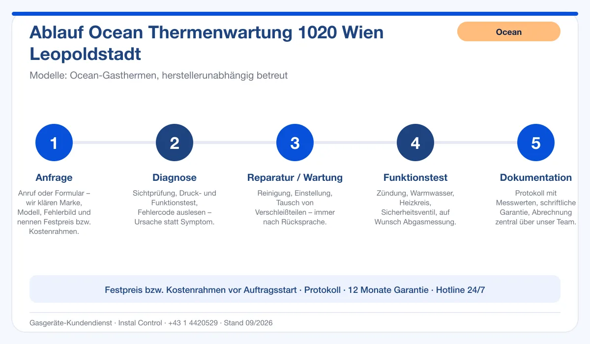 Infografik Ablauf Ocean Thermenwartung 1020 Wien Leopoldstadt: Anfrage, Diagnose, Service, Funktionstest, Protokoll