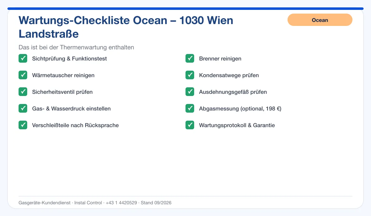 Infografik Ocean Thermenwartung 1030 Wien Landstraße: Wartungs-Checkliste mit 10 enthaltenen Leistungen