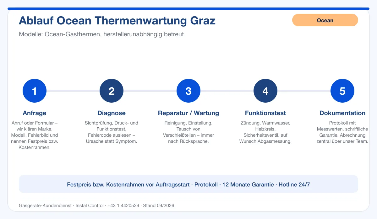 Infografik Ablauf Ocean Thermenwartung Graz: Anfrage, Diagnose, Service, Funktionstest, Protokoll