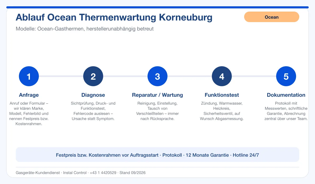 Infografik Ablauf Ocean Thermenwartung Korneuburg: Anfrage, Diagnose, Service, Funktionstest, Protokoll