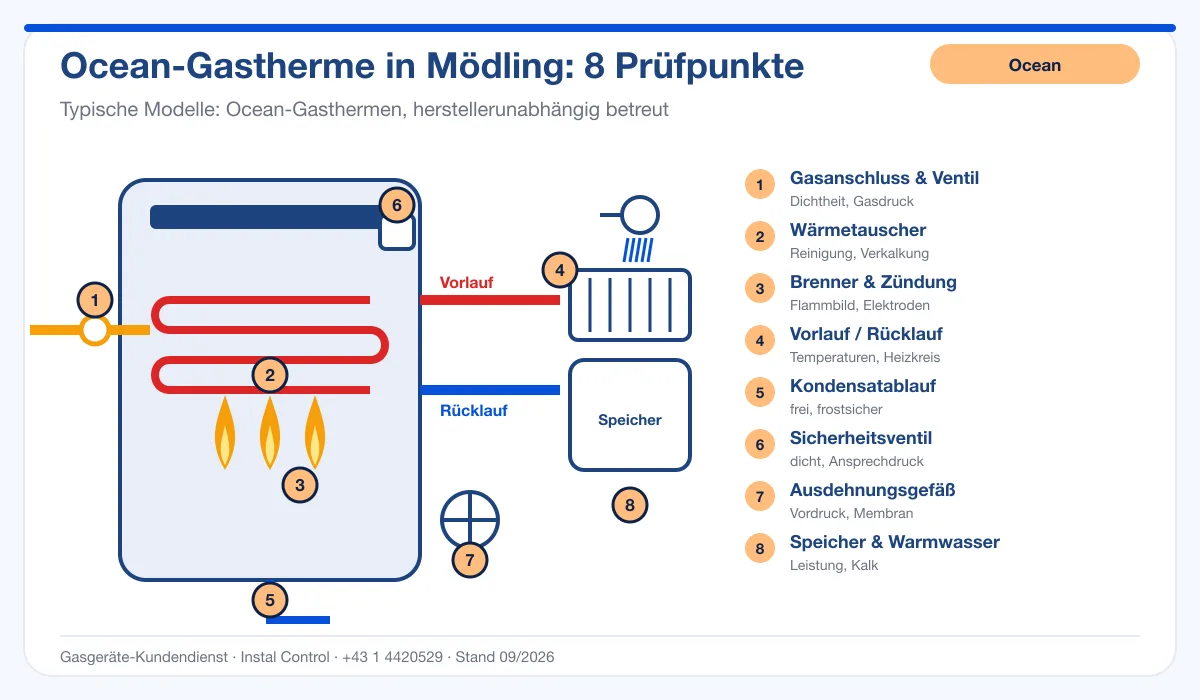 Infografik Ocean Thermenwartung Mödling: Aufbau einer Ocean-Gastherme mit 8 Prüfpunkten