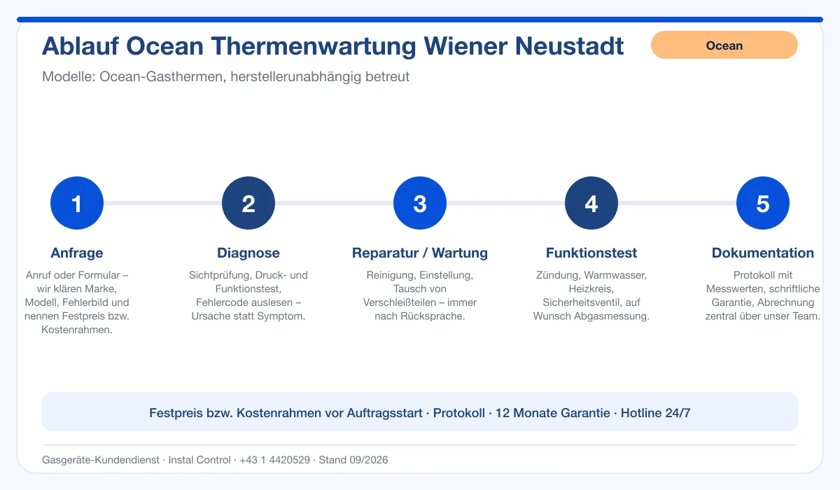 Infografik Ablauf Ocean Thermenwartung Wiener Neustadt: Anfrage, Diagnose, Service, Funktionstest, Protokoll