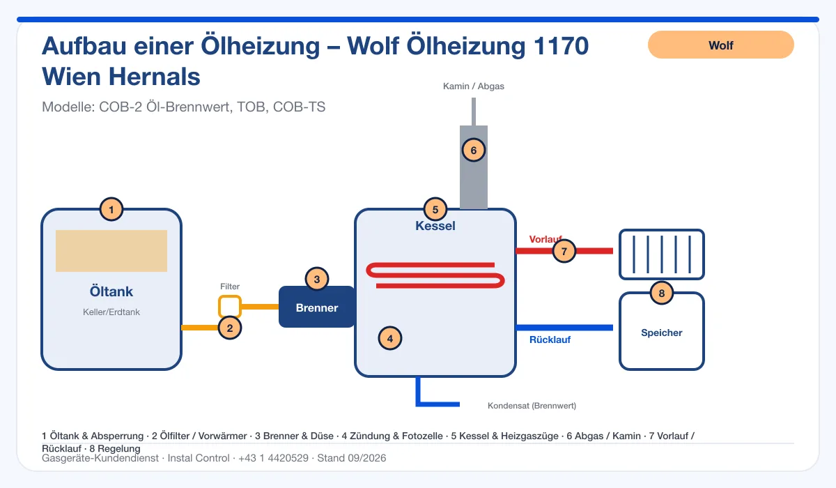Infografik Wolf Ölheizung 1170 Wien Hernals: Aufbau einer Ölheizung von Tank bis Kamin mit 8 Prüfpunkten