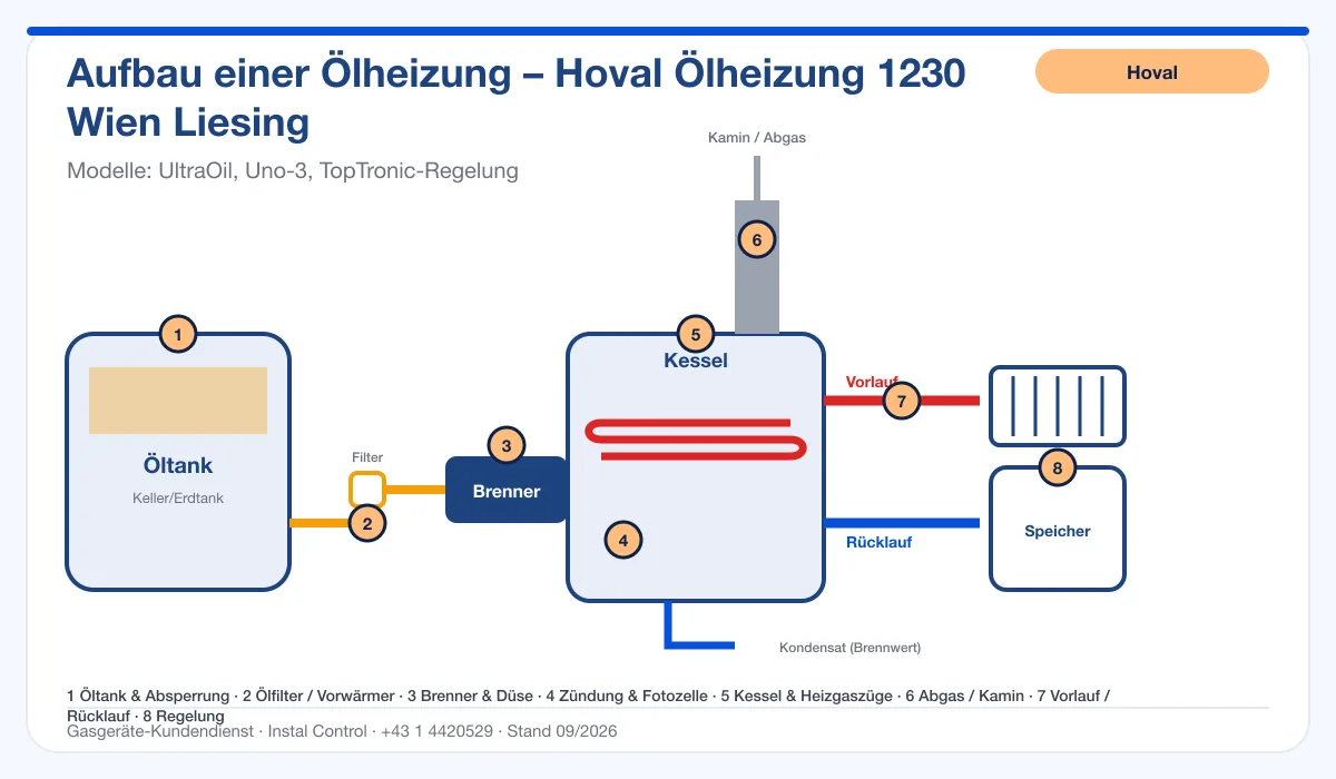 Infografik Hoval Ölheizung 1230 Wien Liesing: Aufbau einer Ölheizung von Tank bis Kamin mit 8 Prüfpunkten