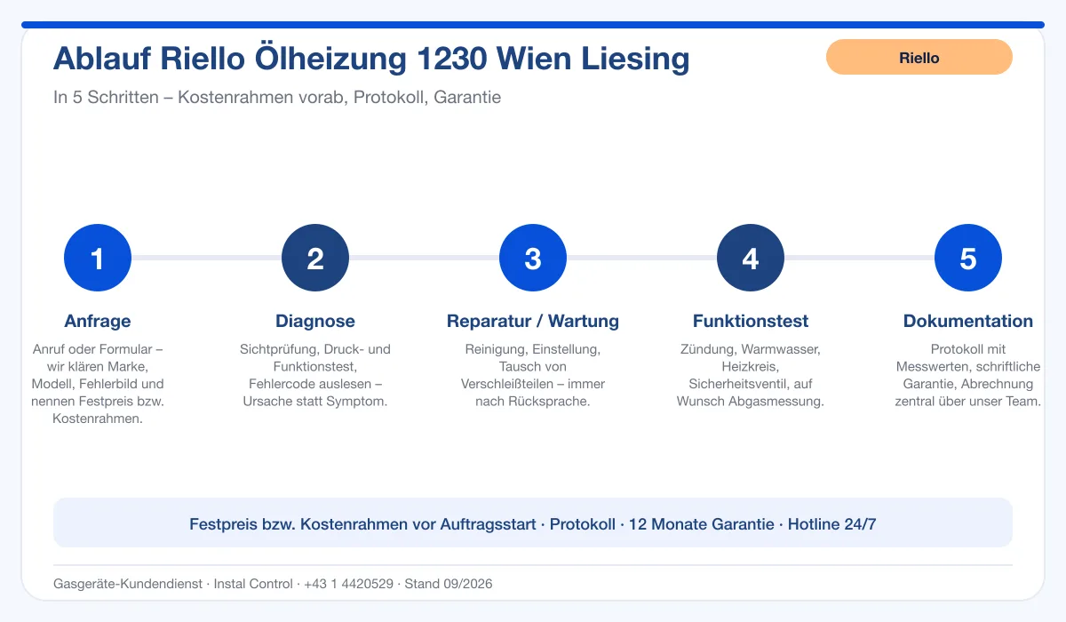 Infografik Ablauf Riello Ölheizung 1230 Wien Liesing: Anfrage, Diagnose, Service, Funktionstest, Protokoll