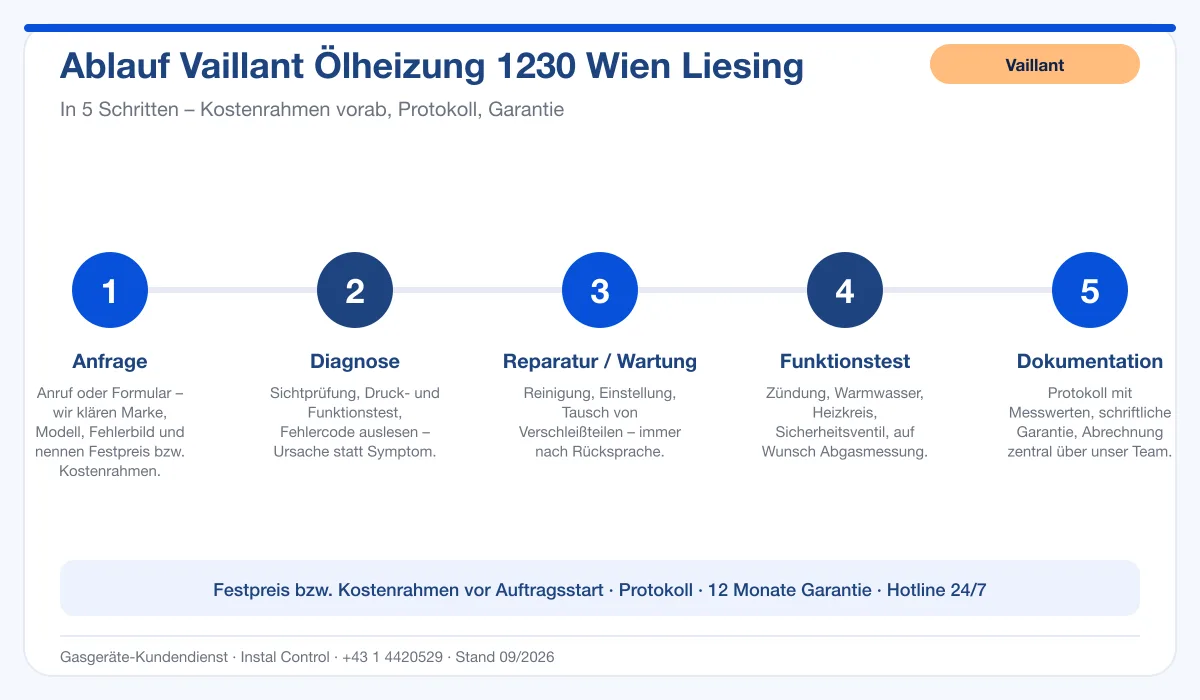 Infografik Ablauf Vaillant Ölheizung 1230 Wien Liesing: Anfrage, Diagnose, Service, Funktionstest, Protokoll