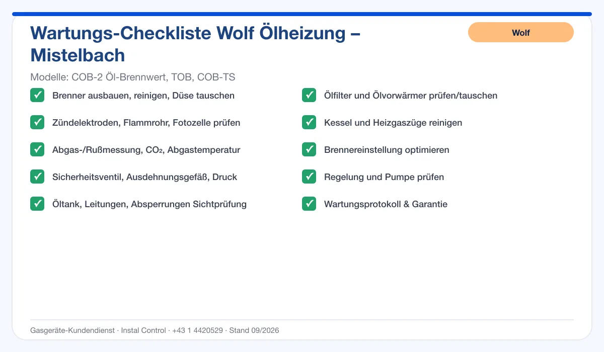 Infografik Wolf Ölheizung Mistelbach: Wartungs-Checkliste