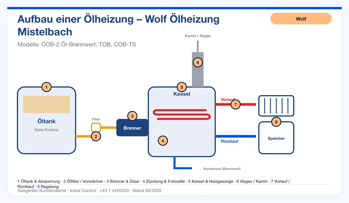 Infografik Wolf Ölheizung Mistelbach: Aufbau einer Ölheizung von Tank bis Kamin mit 8 Prüfpunkten
