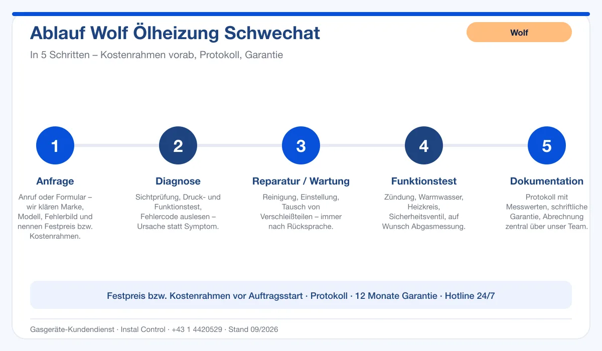 Infografik Ablauf Wolf Ölheizung Schwechat: Anfrage, Diagnose, Service, Funktionstest, Protokoll