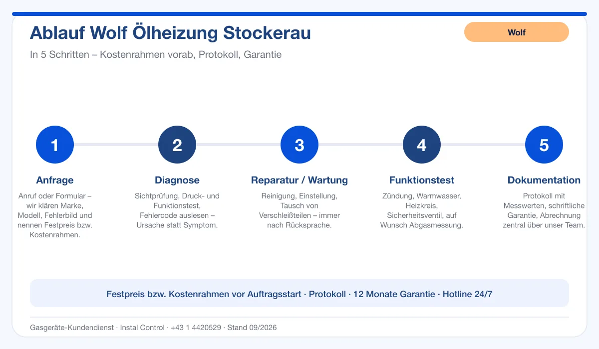 Infografik Ablauf Wolf Ölheizung Stockerau: Anfrage, Diagnose, Service, Funktionstest, Protokoll