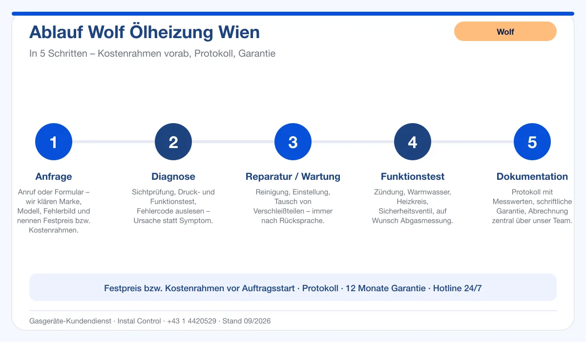 Infografik Ablauf Wolf Ölheizung Wien: Anfrage, Diagnose, Service, Funktionstest, Protokoll