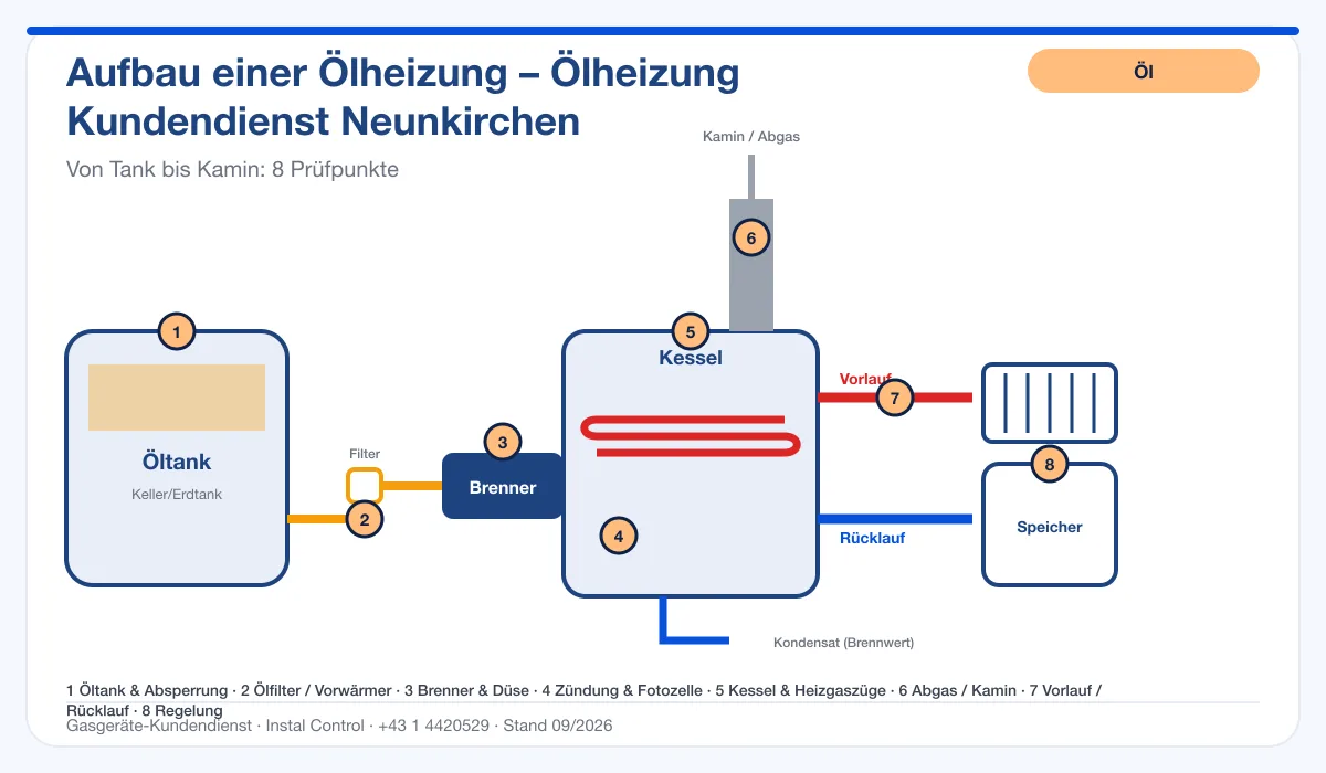 Infografik Ölheizung Kundendienst Neunkirchen: Aufbau einer Ölheizung von Tank bis Kamin mit 8 Prüfpunkten