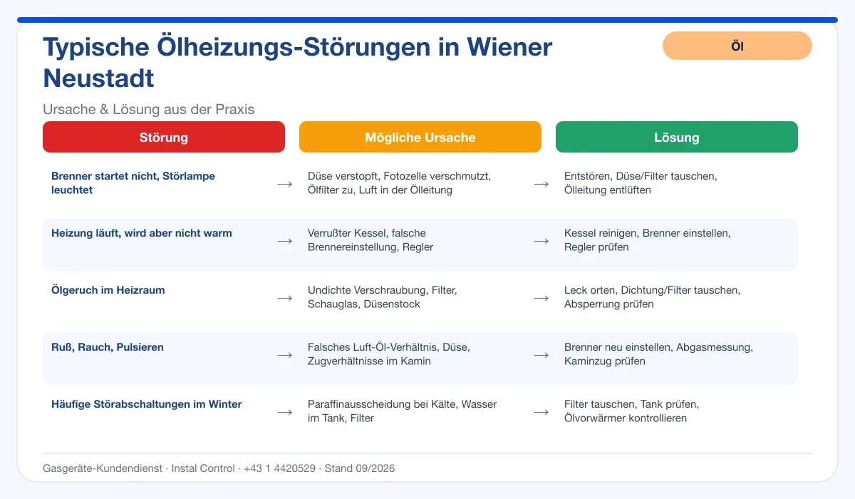 Infografik Ölheizung Reparatur Wiener Neustadt: typische Störungen, Ursachen, Lösungen