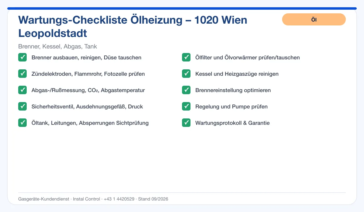 Infografik Ölheizung Wartung 1020 Wien Leopoldstadt: Wartungs-Checkliste Ölheizung mit 10 Punkten