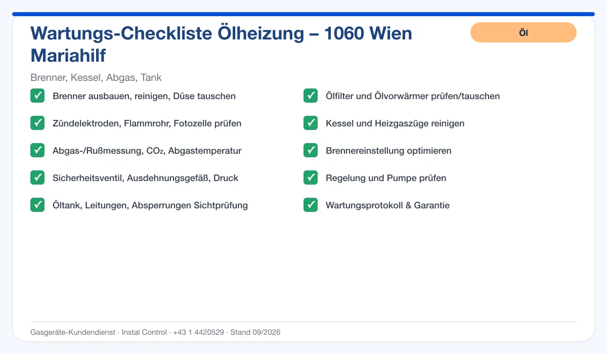 Infografik Ölheizung Wartung 1060 Wien Mariahilf: Wartungs-Checkliste Ölheizung mit 10 Punkten