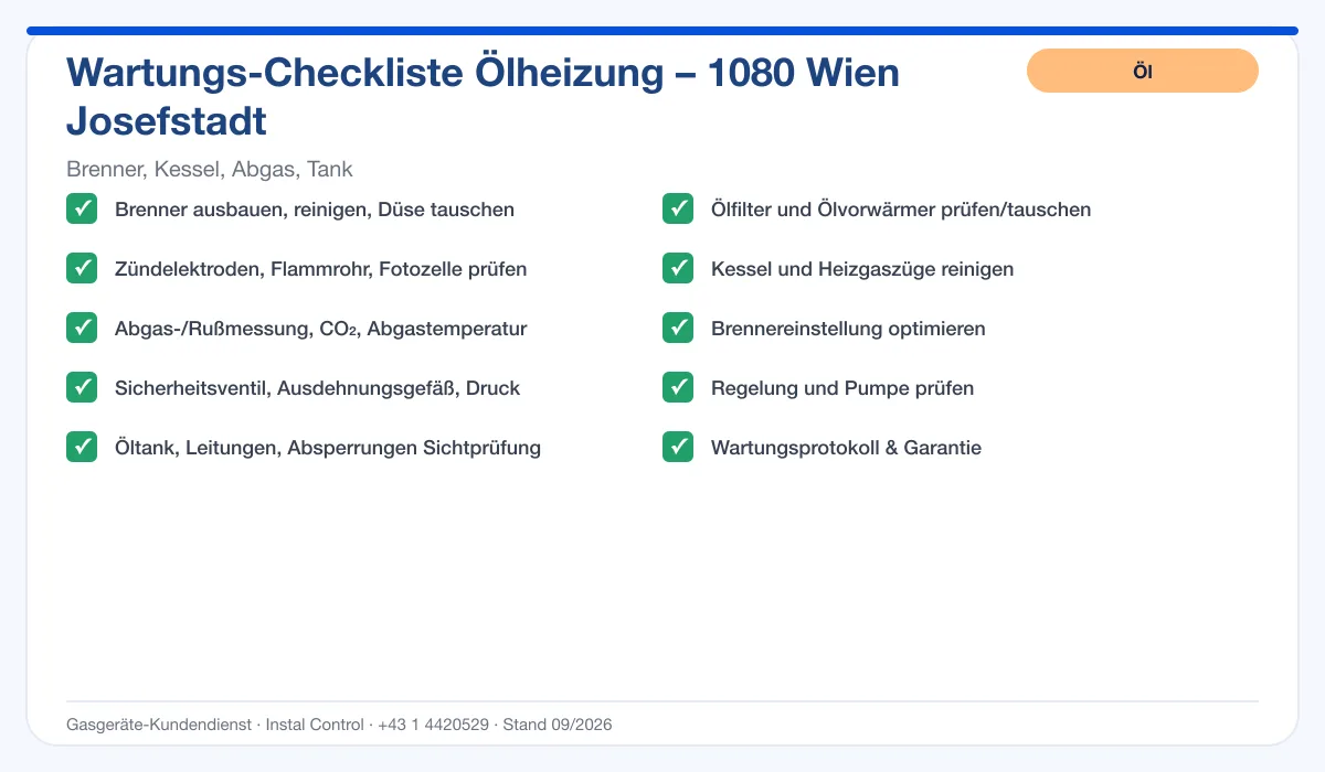 Infografik Ölheizung Wartung 1080 Wien Josefstadt: Wartungs-Checkliste Ölheizung mit 10 Punkten