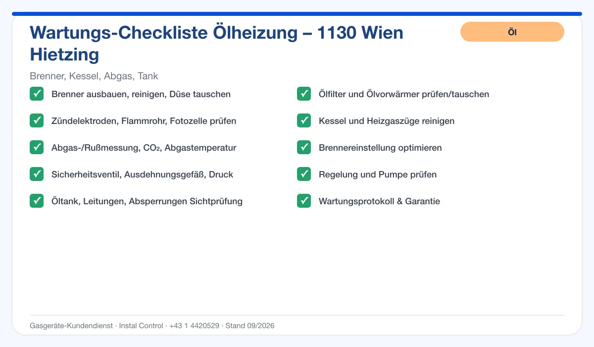 Infografik Ölheizung Wartung 1130 Wien Hietzing: Wartungs-Checkliste Ölheizung mit 10 Punkten