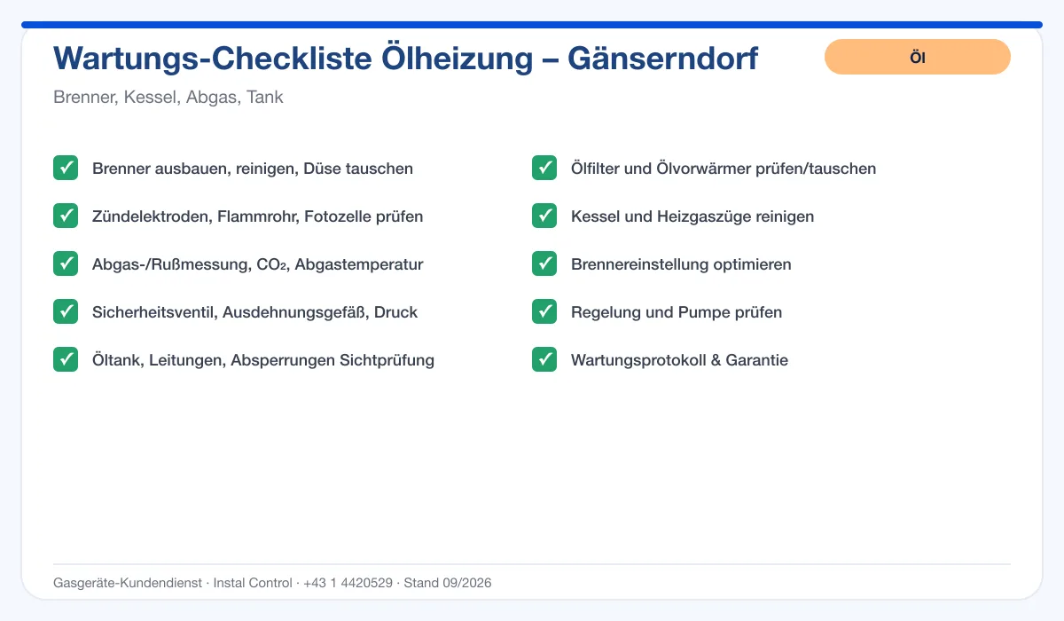 Infografik Ölheizung Wartung Gänserndorf: Wartungs-Checkliste Ölheizung mit 10 Punkten
