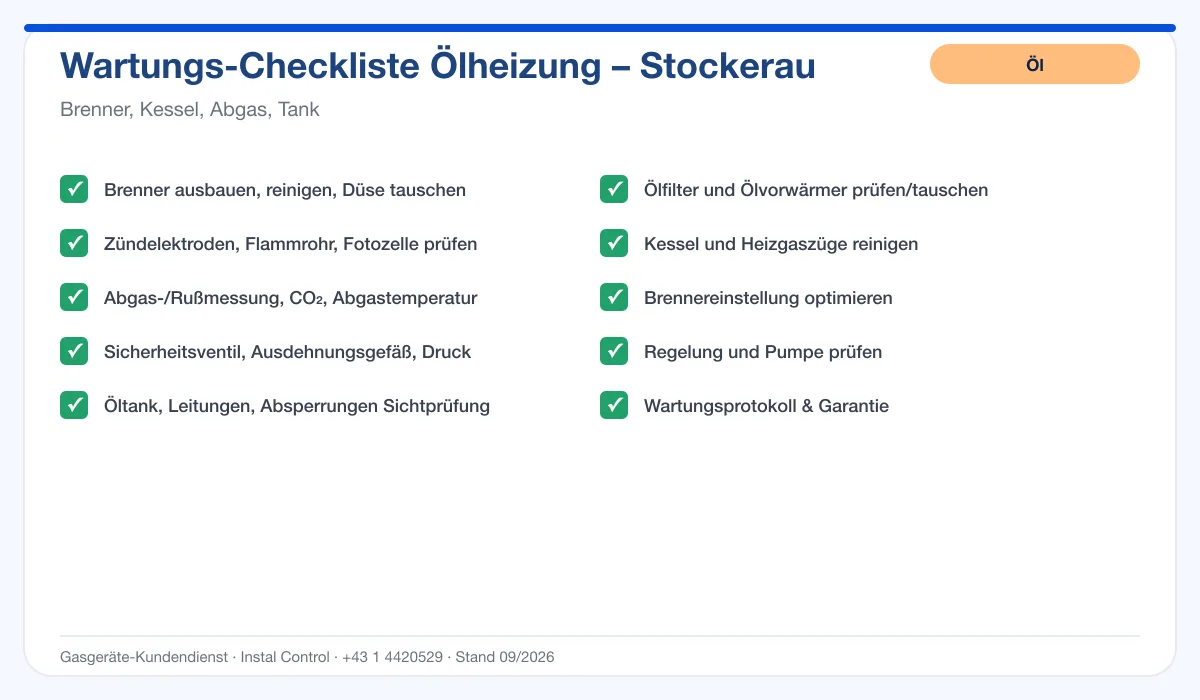 Infografik Ölheizung Wartung Stockerau: Wartungs-Checkliste Ölheizung mit 10 Punkten