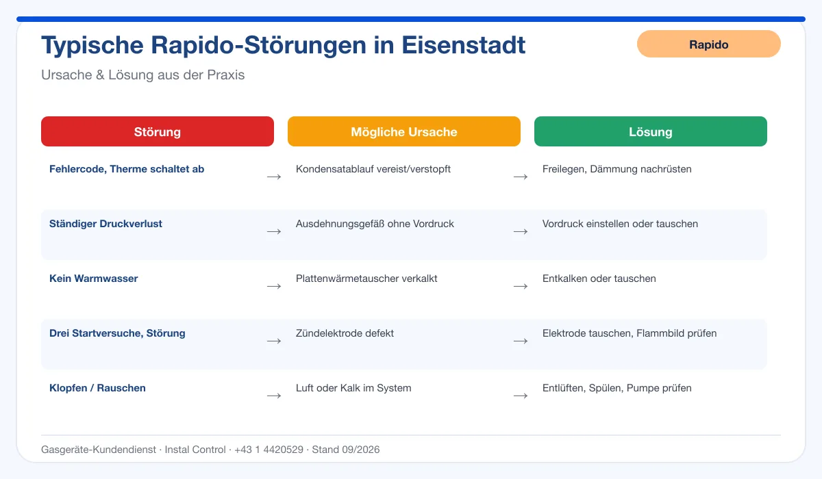 Infografik Rapido Thermenreparatur Eisenstadt: typische Störungen, Ursachen und Lösungen