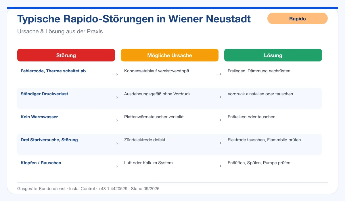Infografik Rapido Thermenreparatur Wiener Neustadt: typische Störungen, Ursachen und Lösungen