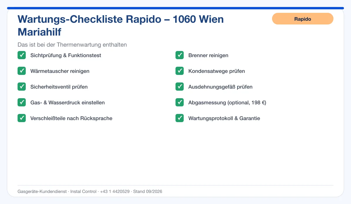Infografik Rapido Thermenwartung 1060 Wien Mariahilf: Wartungs-Checkliste mit 10 enthaltenen Leistungen