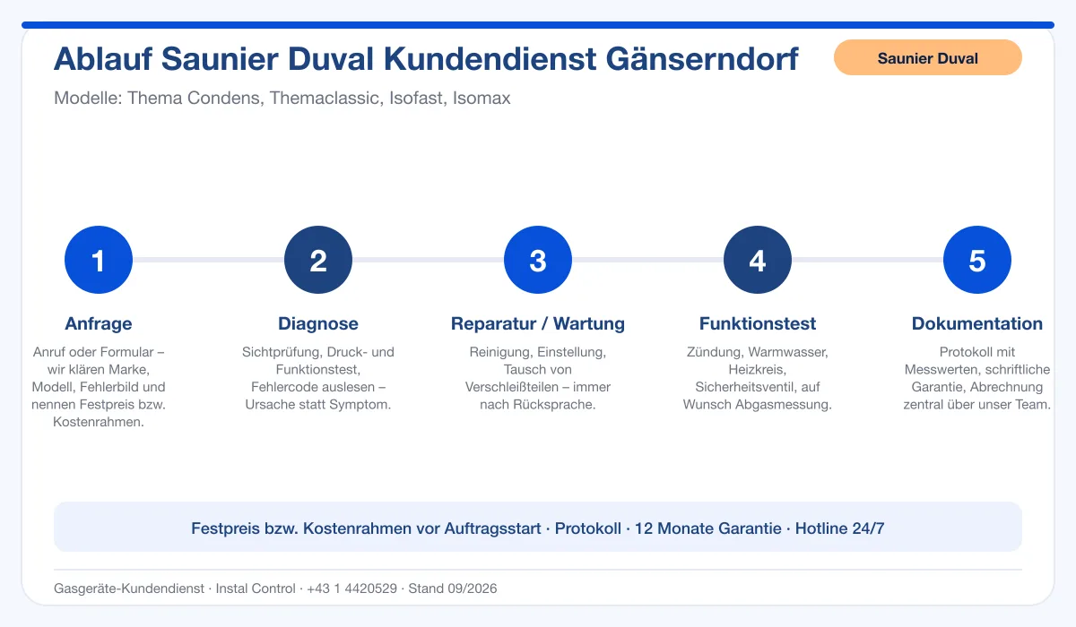 Infografik Ablauf Saunier Duval Kundendienst Gänserndorf: Anfrage, Diagnose, Service, Funktionstest, Protokoll