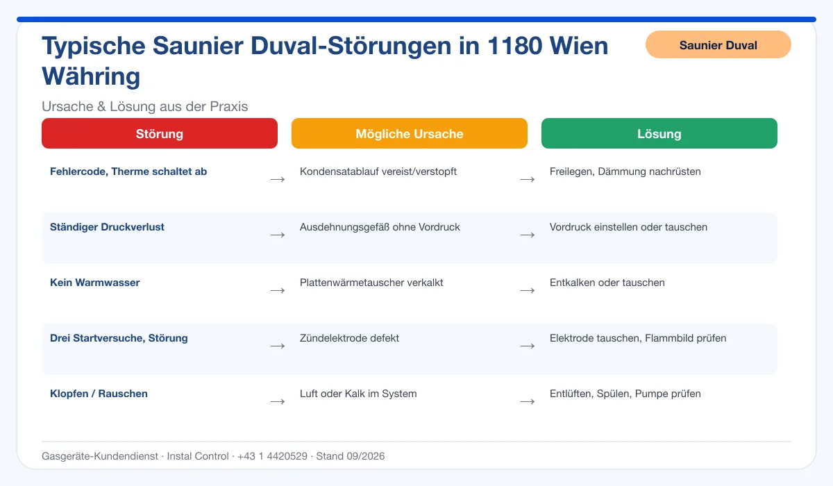 Infografik Saunier Duval Thermenreparatur 1180 Wien Währing: typische Störungen, Ursachen und Lösungen